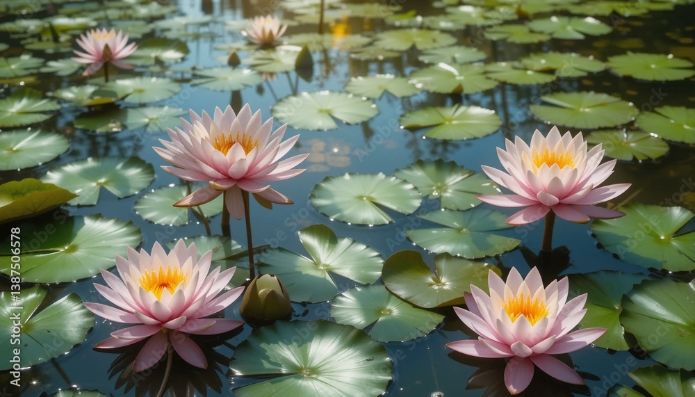 Water Lilies Bloom Gracefully on the Tranquil Pond Surface During a Sunny Afternoon, Creating a Serene Landscape Filled With Natural Beauty Water Lilies Bloom Gracefully on the Tranquil Pond Surface During a Sunny Afternoon, Creating a Serene Landscape Filled With Natural Beauty