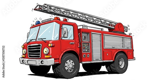 Cartoon Firetruck with Ladder Illustration in Bright Red Color