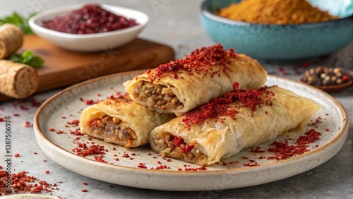 Delicious borek dish with tangy sumac sprinkled on top served on a rustic plate in a cozy kitchen setting