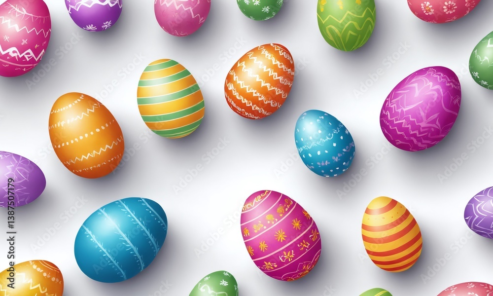 Obraz premium Colorful Easter eggs spread across a white background for holiday decoration and celebration activities