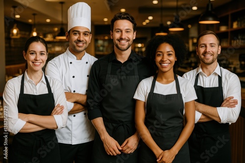 A cheerful group photo of five restaurant staff in clean uniforms, standing proudly in a stylish, warmly lit dining area with wooden décor and well-arranged tables.