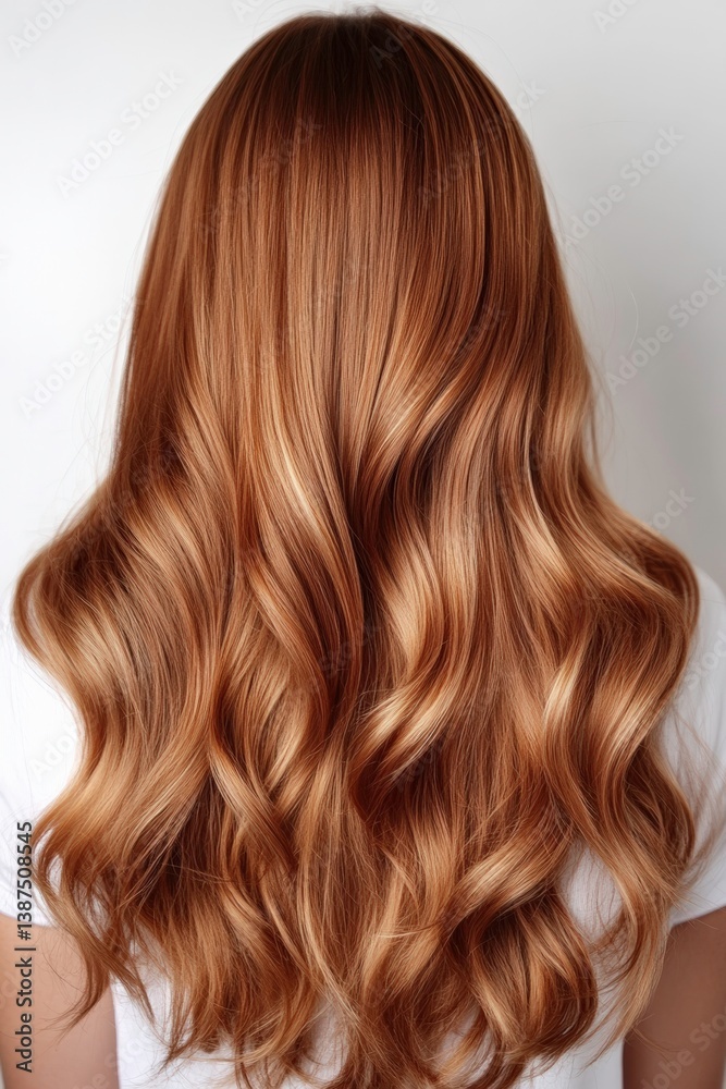 Fototapeta premium Beautiful, wavy copper hair styled for a glamorous look showcased against a plain background
