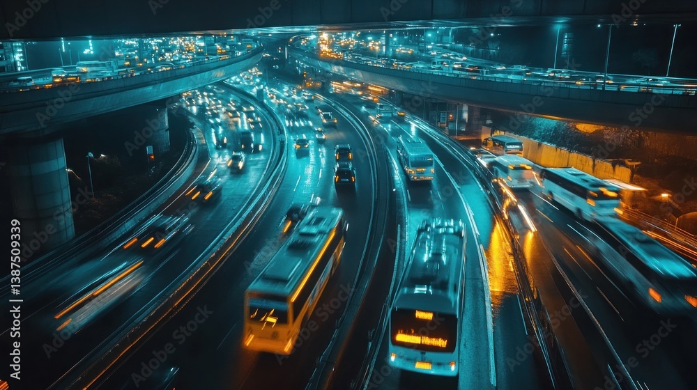 Night Traffic Flowing on a Busy Freeway with Cars and Buses in Motion Night Traffic Flowing on a Busy Freeway with Cars and Buses in Motion