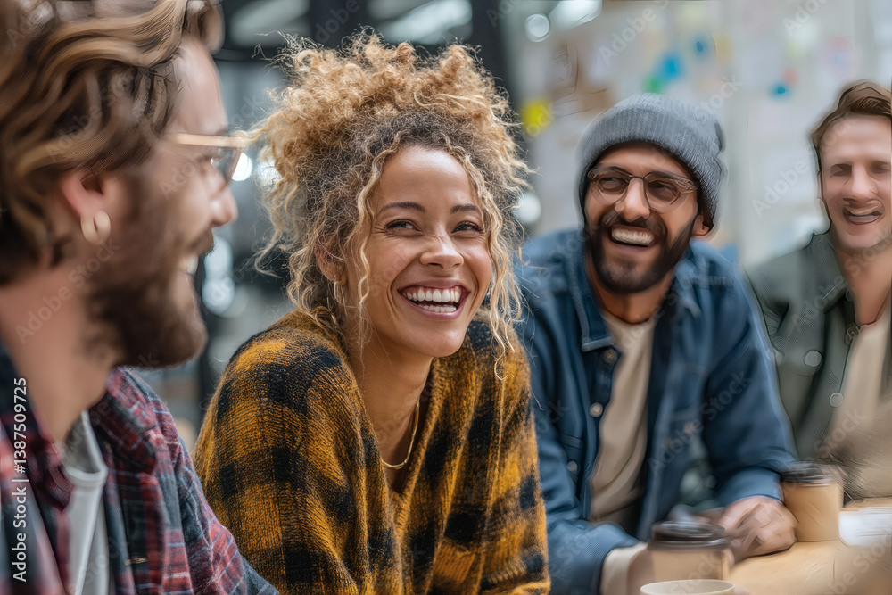 A diverse team laughing together during a coffee break A diverse team laughing together during a coffee break