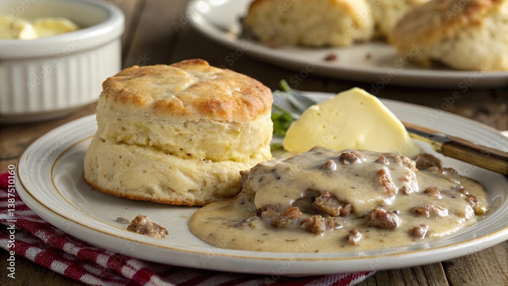 Delicious biscuits and gravy served with butter on a rustic wooden table Delicious biscuits and gravy served with butter on a rustic wooden table