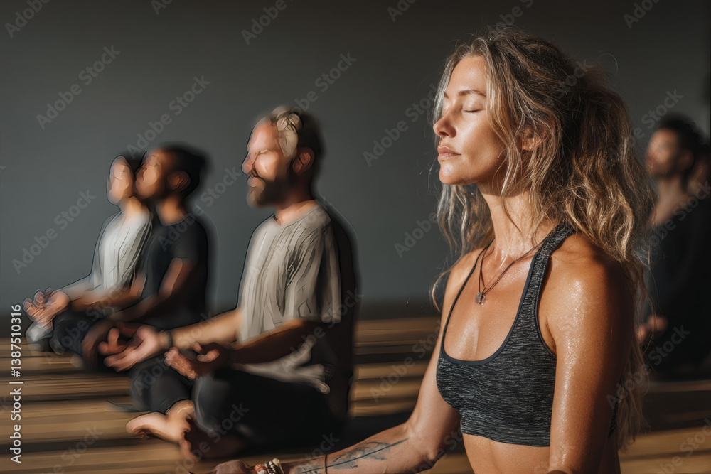 Fototapeta premium A diverse group of people doing a breathwork exercise in a mindfulness and meditation retreat