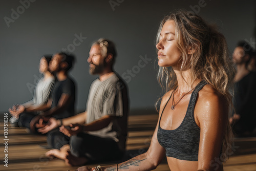 A diverse group of people doing a breathwork exercise in a mindfulness and meditation retreat