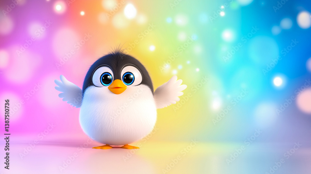 Fototapeta premium Cute funny baby bird with big blue eyes on colorful background. Charming cartoon black and white chick. Illustration with copy space