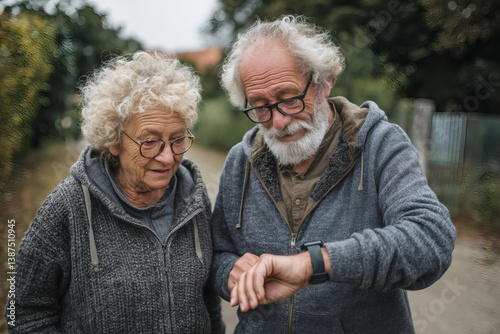 An elderly man and an elderly woman checking vitals in a smartwatch during a walk outside in nature