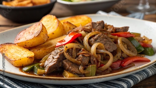 Bistec encebollado with potatoes served on a plate in a cozy dining setting