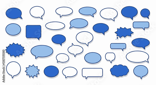 Simple vector illustration of twenty-eight blank speech bubbles, in two shades of blue and white, scattered on a uniform white background. Vector Illustration