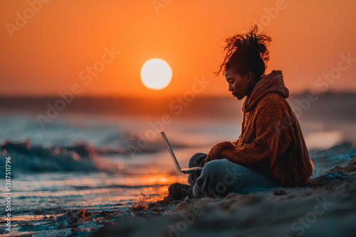 Fototapeta Naklejka Na Ścianę i Meble -  Freelancer digital nomad working with a laptop on the beach during sunset