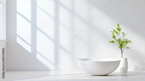 Minimalist, bright, sunlit interior scene with a simple bowl and plant