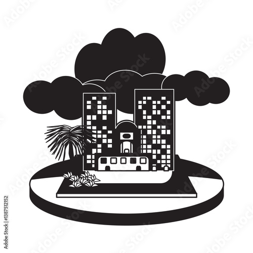 Stylized cityscape silhouette with dramatic clouds and trees – perfect for architecture, urban design, real estate, and weather-themed vector projects and digital art compositions.
