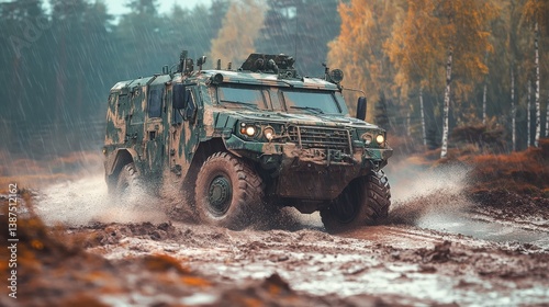 A heavily armored military vehicle navigating a rough battlefield, with camouflage paint and reinforced steel plating.
