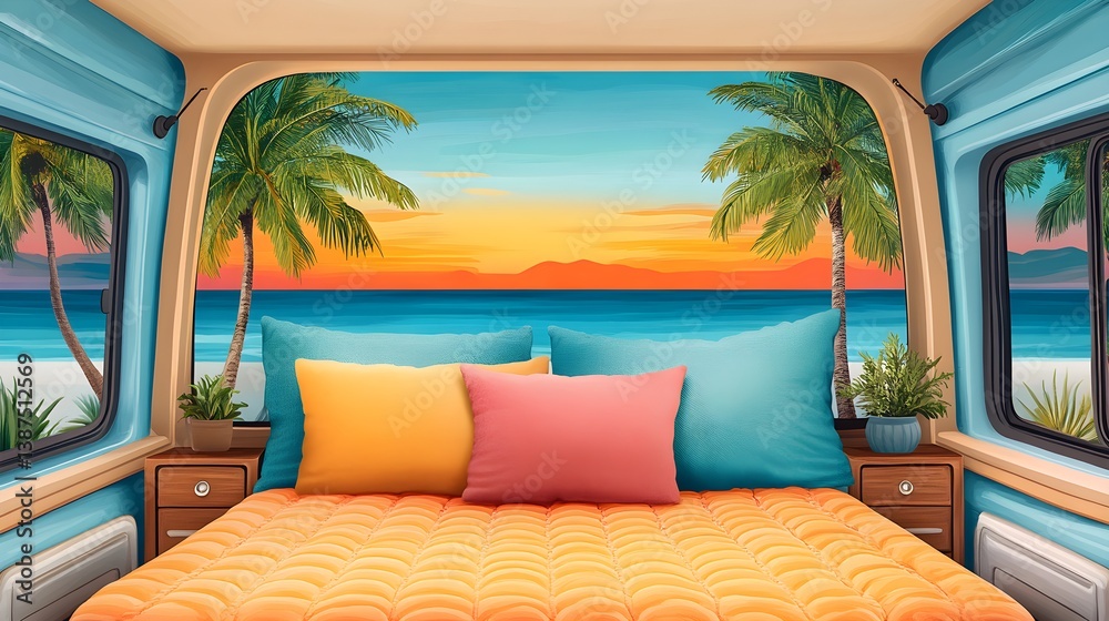A relaxing campervan interior with a cozy bed facing an open door view of swaying palm trees and ocean breeze, capturing wanderlust and freedom.