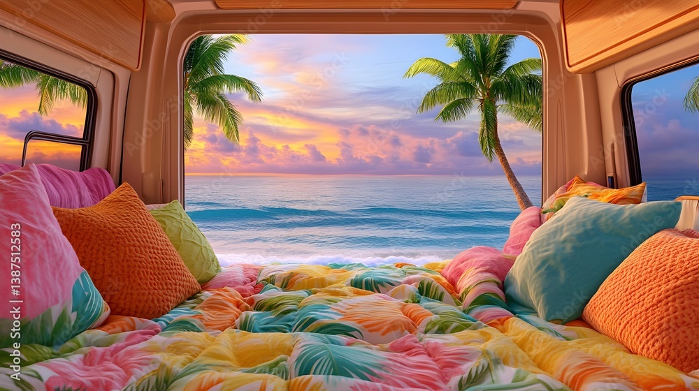 A relaxing campervan interior with a cozy bed facing an open door view of swaying palm trees and ocean breeze, capturing wanderlust and freedom.