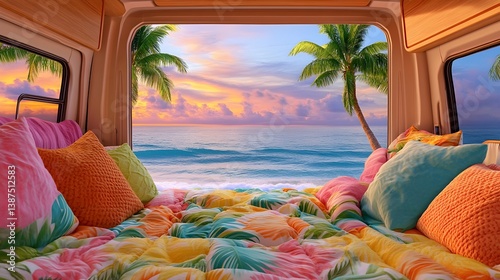 Obraz na płótnie A relaxing campervan interior with a cozy bed facing an open door view of swaying palm trees and ocean breeze, capturing wanderlust and freedom. w salonie