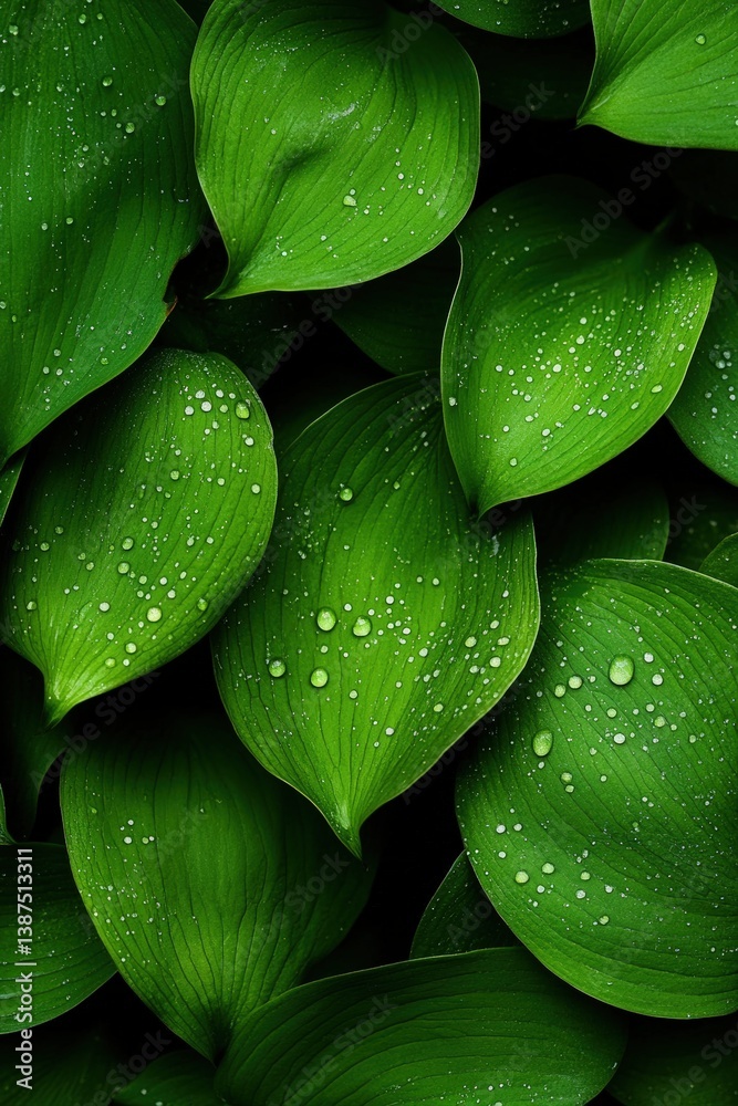 Fototapeta premium Lush green leaves glistening with water droplets captured in serene detail