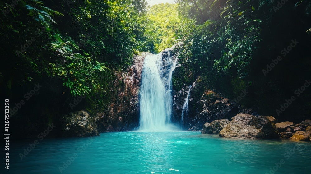Naklejka premium A hidden waterfall in a tropical summer jungle, cascading into a refreshing turquoise pool surrounded by lush greenery.