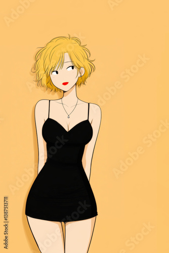 Blonde cartoon woman wearing little black dress. Pin-up girl with coy look and copy space.