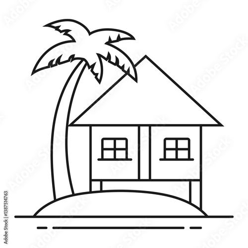 Vacation Home Property. Line filled style Icon of tropical beach house for secondary home ownership, seasonal living, and holiday investment.