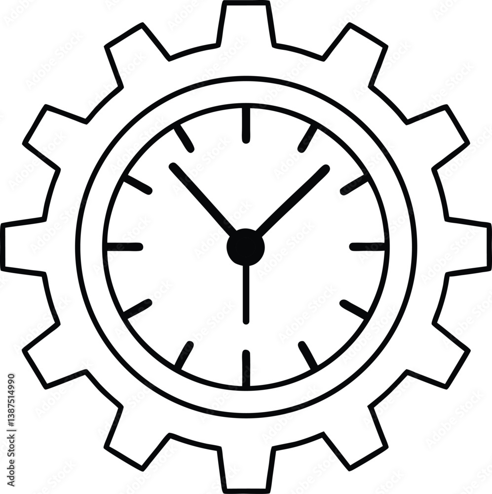 Clock face, gear shape, mechanical design, black and white illustration, minimalist, industrial symbol, time management concept, precision engineering, schematic drawing, simple lines, efficiency icon Clock face, gear shape, mechanical design, black and white illustration, minimalist, industrial symbol, time management concept, precision engineering, schematic drawing, simple lines, efficiency icon