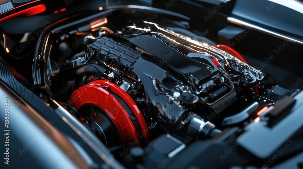 A highly detailed engine bay of a high-performance supercar, showing complex mechanical components and glowing red brake calipers.