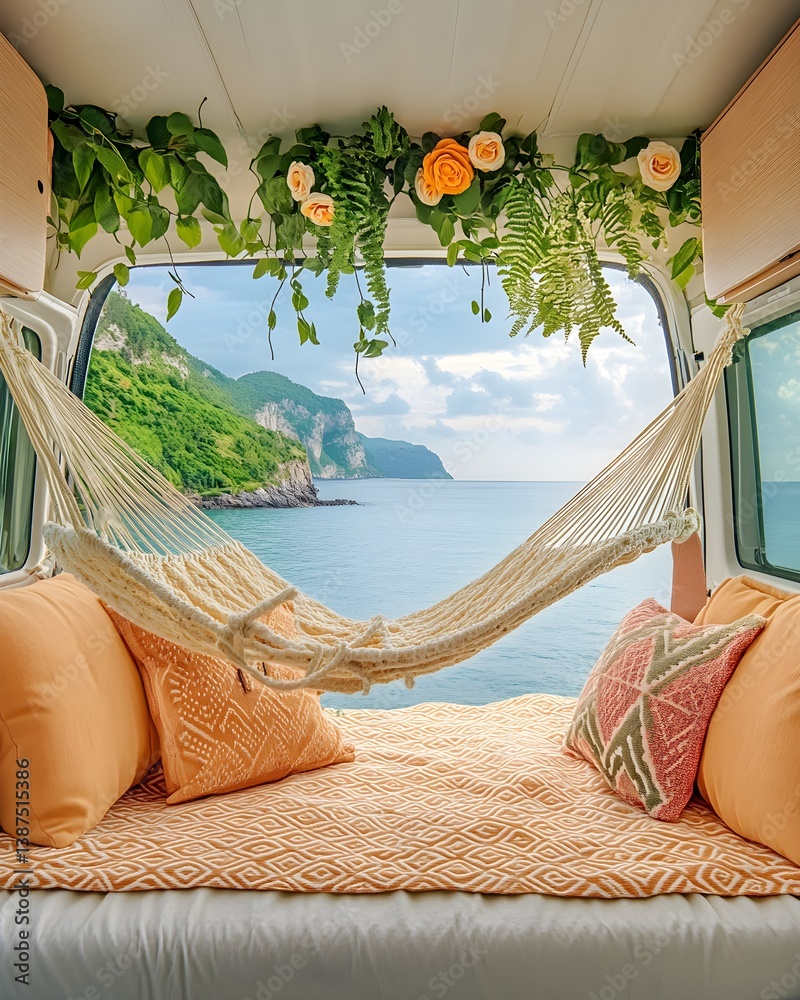 A scenic campervan parked near a sunlit beach, capturing the spirit of freedom, travel, and laid-back coastal adventure.