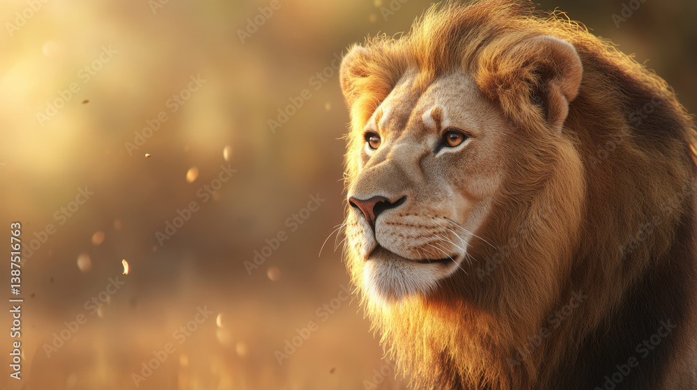 Obraz premium majestic lion with detailed mane gazes thoughtfully into distance, surrounded by warm, golden light that enhances its regal presence. serene atmosphere evokes sense of calm and strength