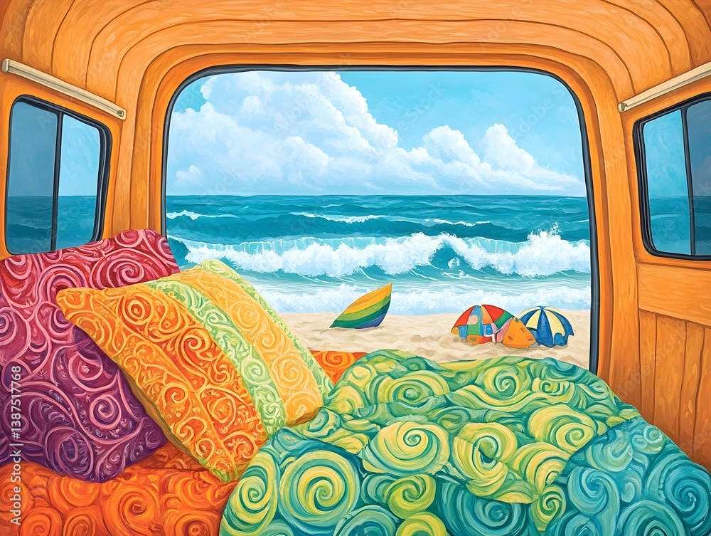A cozy folded blanket and pillow inside a camper van, facing a serene beach landscape through the open doors, evoking travel, freedom, and peaceful coastal vibes.