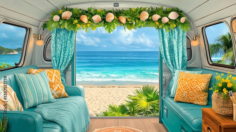 A cozy van interior facing a picturesque beach landscape, blending coastal living with adventure, freedom, and relaxed, nature-inspired design.