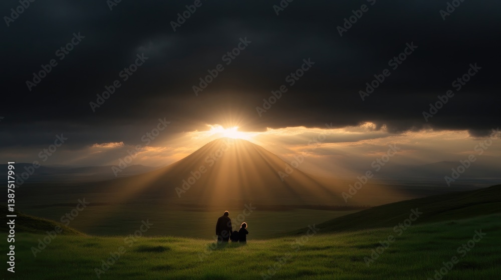 Obraz premium Silhouette of a person and a dog standing on a green hill watching the sun rise behind a mountain under dramatic storm clouds.