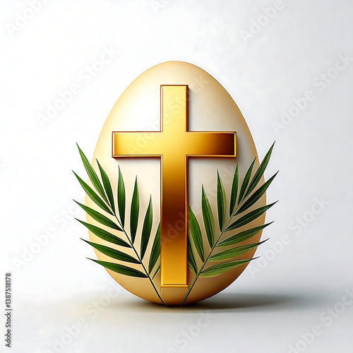 Golden Cross on Easter Egg with Palm Leaves Minimalist Design


