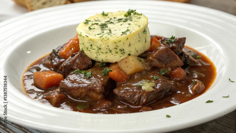 Boeuf bourguignon served with herb infused butter and hearty vegetables on a rustic table