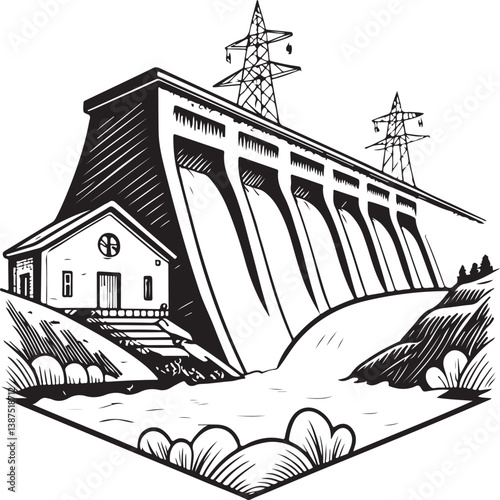 Hydroelectric Dam Black and White Vector Illustration, Sketch Drawing Line Linear Engraving, Hand-drawn Isolated