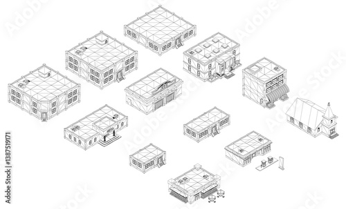 A drawing of a cityscape with a variety of buildings. The buildings are all different sizes and shapes, and they are all lined up in a row. Scene is one of urbanization and growth