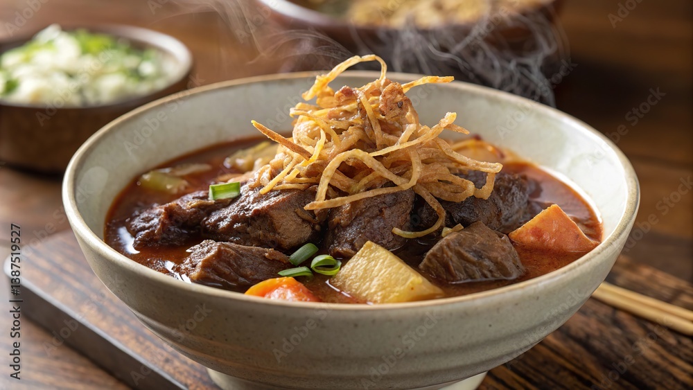 Fototapeta premium Hearty bo kho served steaming hot with crispy fried shallots creating a comforting dish perfect for any meal