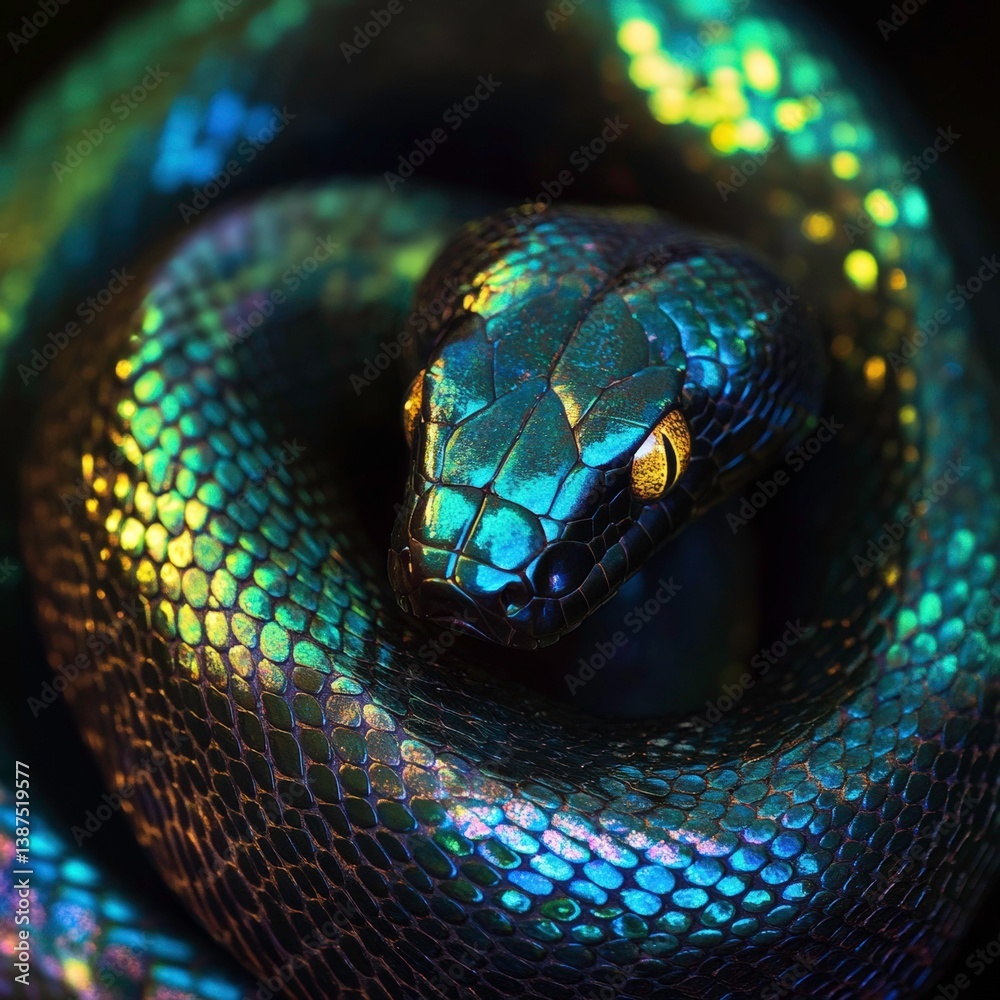 Fototapeta premium Colorful snake resting on a dark surface in vibrant hues of blue and green