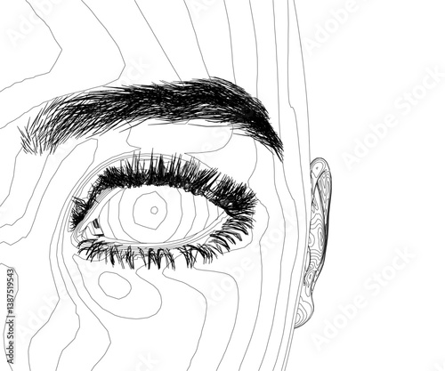 A close up of a woman's face with a very thick eyebrow. The eyebrow is drawn in a very thick line, and the eye is drawn in a very thin line. Scene is somewhat creepy and unsettling