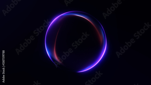 Shiny energy plasma particles orb on dark minimalitic business background. Gradient neon flowing magic sphere with purple and blue shiny waveforms.