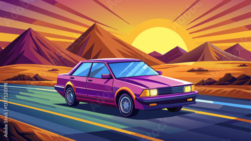 3d car sedan rides on the road to meet the sun, concept 3d render for advertising auto products