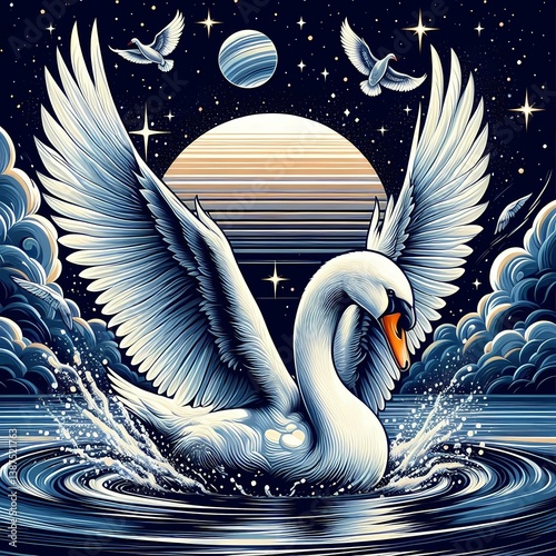 A digital drawing of a majestic swan with expansive white wings flying over rippling water, under a night sky with a full moon, stars, and distant birds, in a detailed and stylized art style