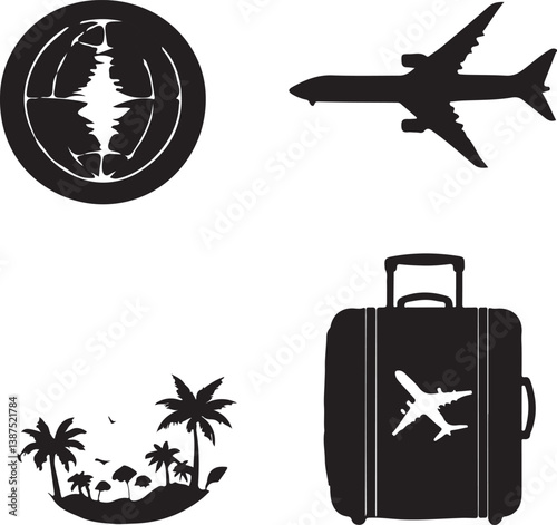 A collection of simple, black silhouette icons depicting various modes of transportation and travel essentials, including cars, airplanes, suitcases, and palm trees.