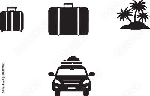 A collection of simple, black silhouette icons depicting various modes of transportation and travel essentials, including cars, airplanes, suitcases, and palm trees.