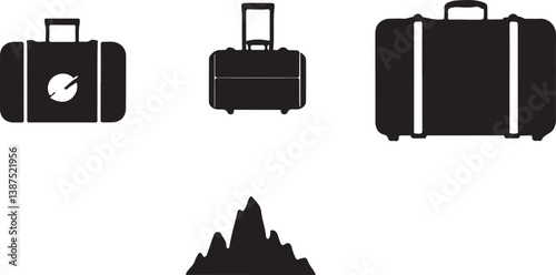 A collection of simple, black silhouette icons depicting various modes of transportation and travel essentials, including cars, airplanes, suitcases, and palm trees.