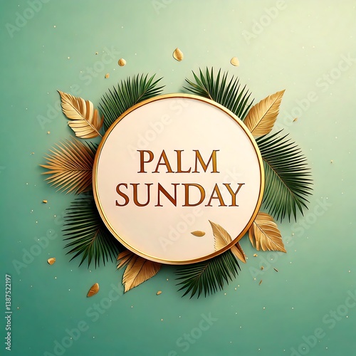 Elegant Palm Sunday Design with Golden Text and Green Fronds

