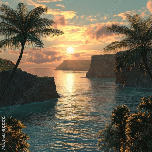 Tropical paradise at sunset with palm trees and ocean cliffs view