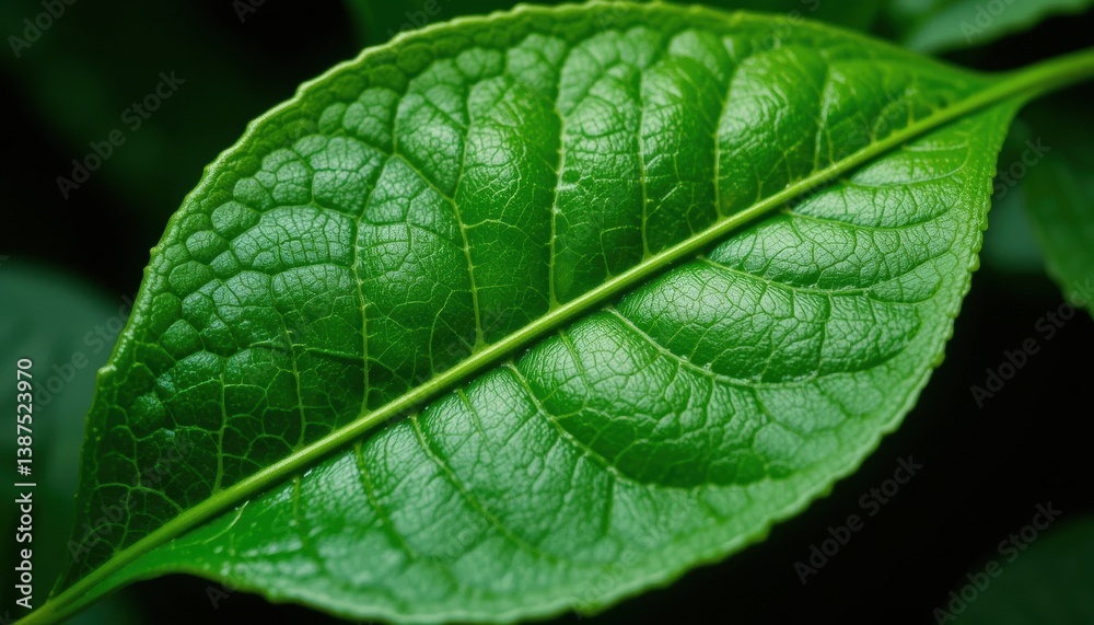 Close-up of a Vibrant Green Leaf, Detailed Texture and Veins Visible Close-up of a Vibrant Green Leaf, Detailed Texture and Veins Visible