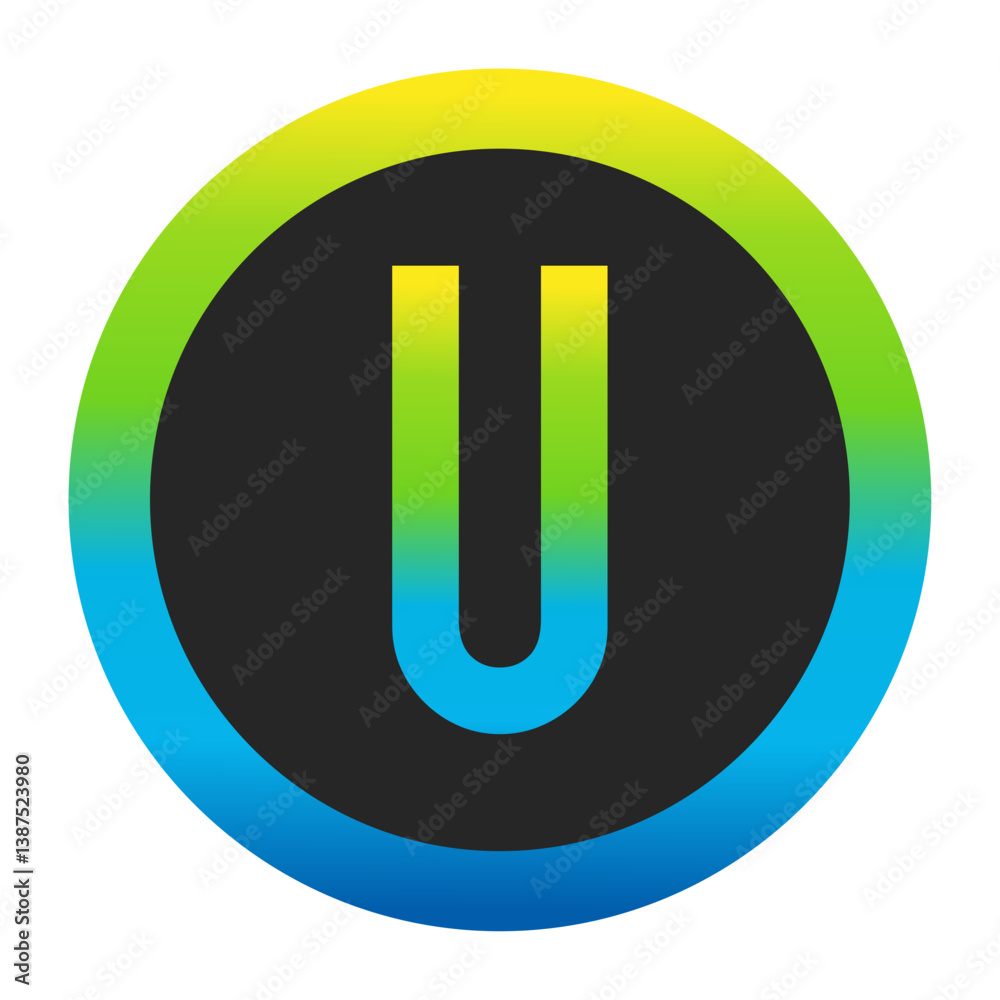 Harmonious Sunny Yellow, Fresh Grass Green, and Deep Ocean Blue Gradient Symbol Capital Letter U on a Dark Slate Gray Circle with a Matching Seamless Color Transition Ring Harmonious Sunny Yellow, Fresh Grass Green, and Deep Ocean Blue Gradient Symbol Capital Letter U on a Dark Slate Gray Circle with a Matching Seamless Color Transition Ring